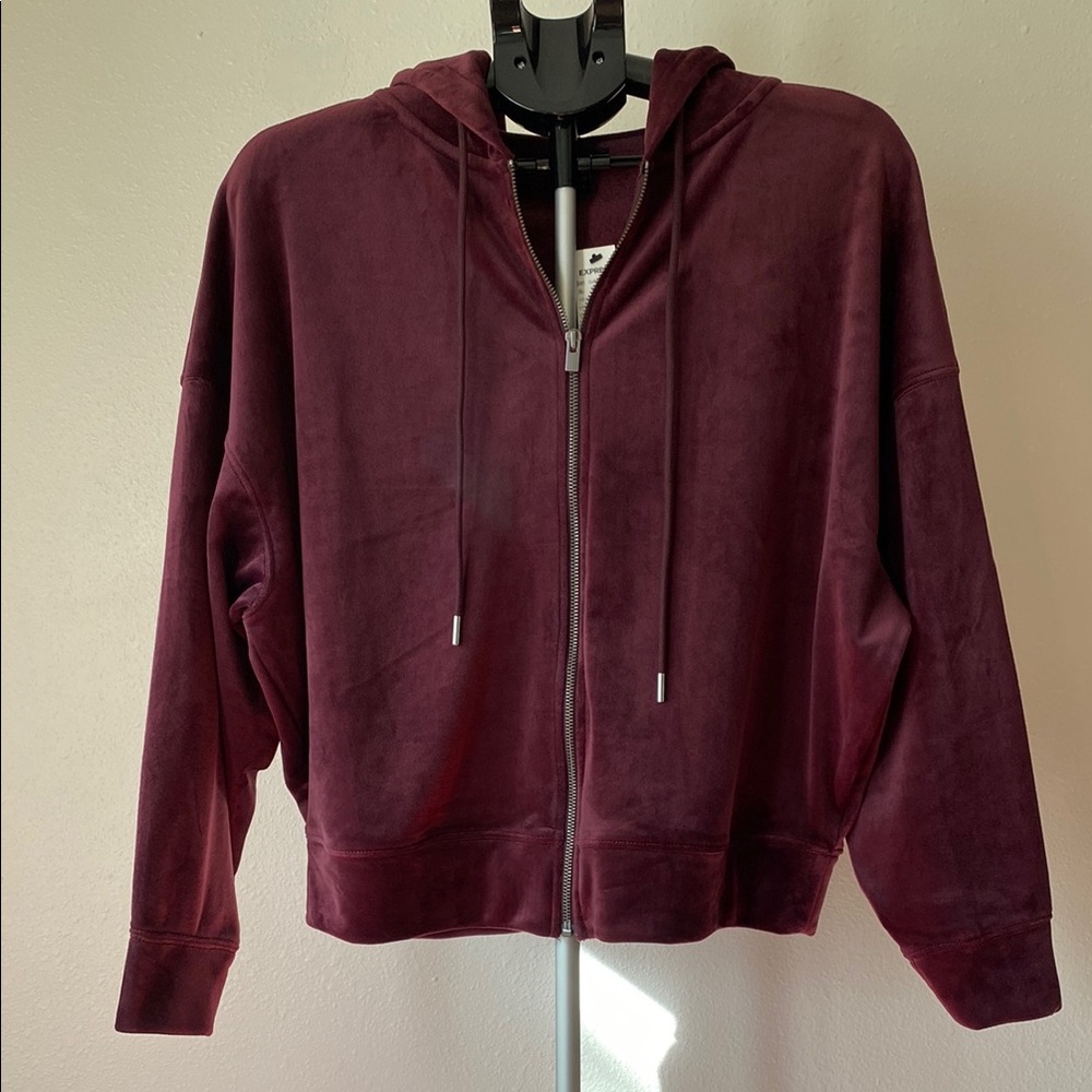 Express Women's Deep Burgundy Velour Oversized Zip Up Jacket Sz Small